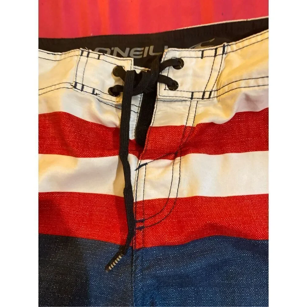O’Neill men’s board shorts, swim trunks, red white and blue size 28